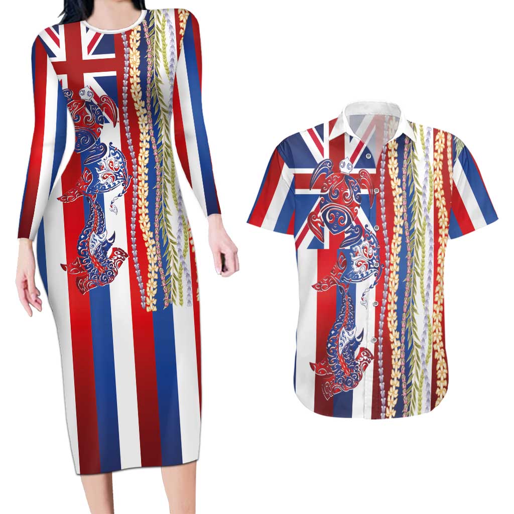 Hawaiian Sea Animals Couples Matching Long Sleeve Bodycon Dress and Hawaiian Shirt with Lei and Flag Style