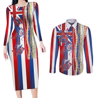 Hawaiian Sea Animals Couples Matching Long Sleeve Bodycon Dress and Long Sleeve Button Shirt with Lei and Flag Style