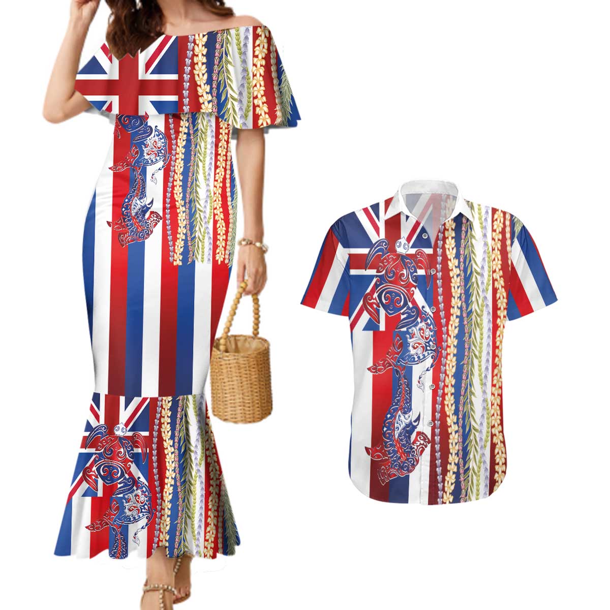 Hawaiian Sea Animals Couples Matching Mermaid Dress and Hawaiian Shirt with Lei and Flag Style