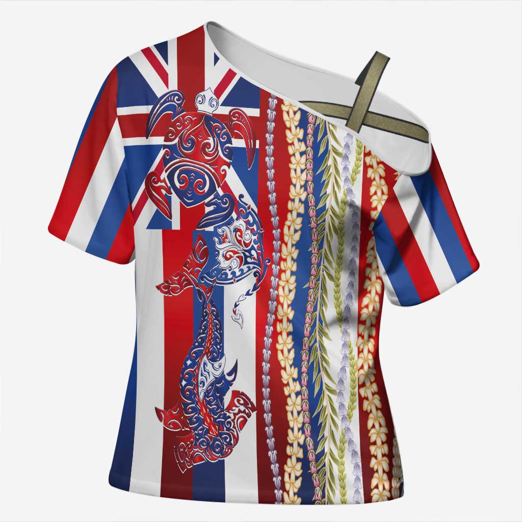 Hawaiian Sea Animals Cross Shoulder Shirt with Lei and Flag Style LT03 Female Multicolor - Polynesian Pride