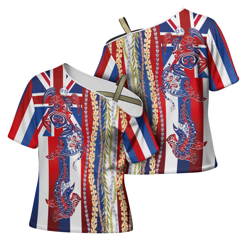 Hawaiian Sea Animals Cross Shoulder Shirt with Lei and Flag Style LT03 - Polynesian Pride