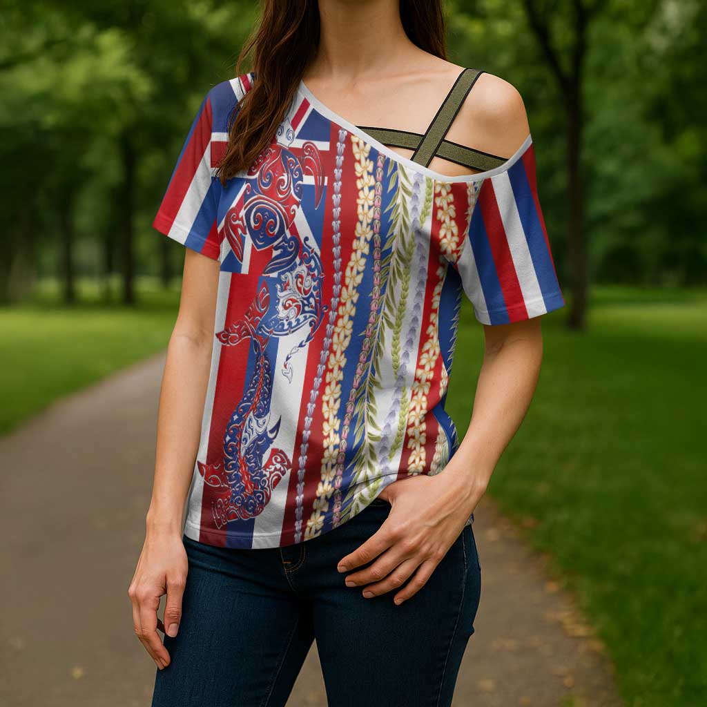 Hawaiian Sea Animals Cross Shoulder Shirt with Lei and Flag Style LT03 - Polynesian Pride