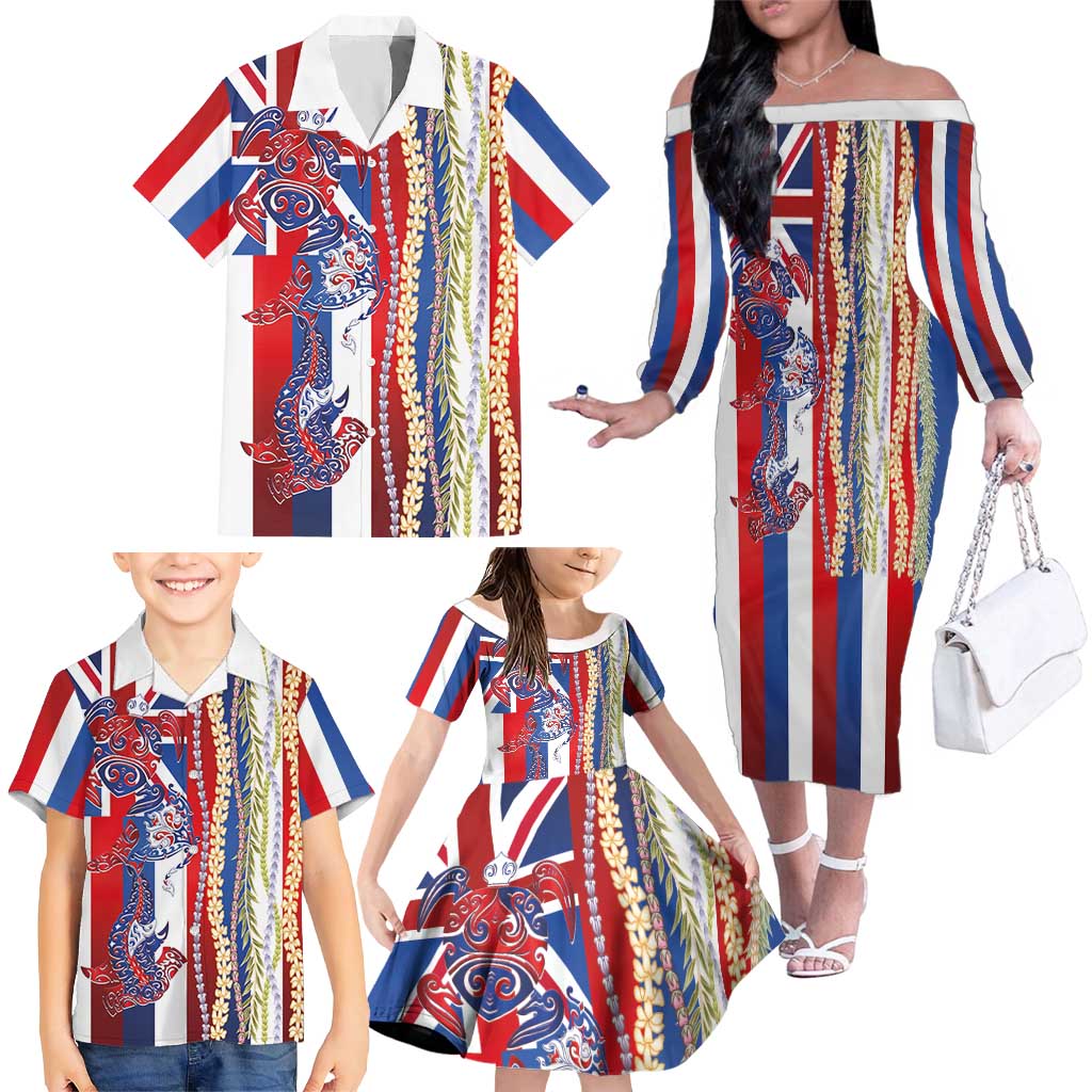 Hawaiian Sea Animals Family Matching Off The Shoulder Long Sleeve Dress and Hawaiian Shirt with Lei and Flag Style LT03 - Polynesian Pride