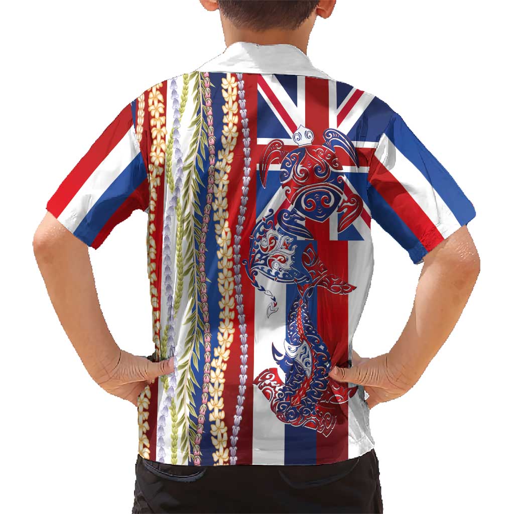 Hawaiian Sea Animals Family Matching Off Shoulder Short Dress and Hawaiian Shirt with Lei and Flag Style