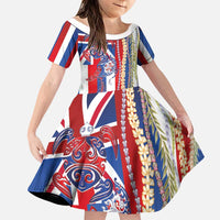 Hawaiian Sea Animals Family Matching Off Shoulder Short Dress and Hawaiian Shirt with Lei and Flag Style