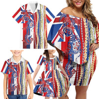 Hawaiian Sea Animals Family Matching Off Shoulder Short Dress and Hawaiian Shirt with Lei and Flag Style