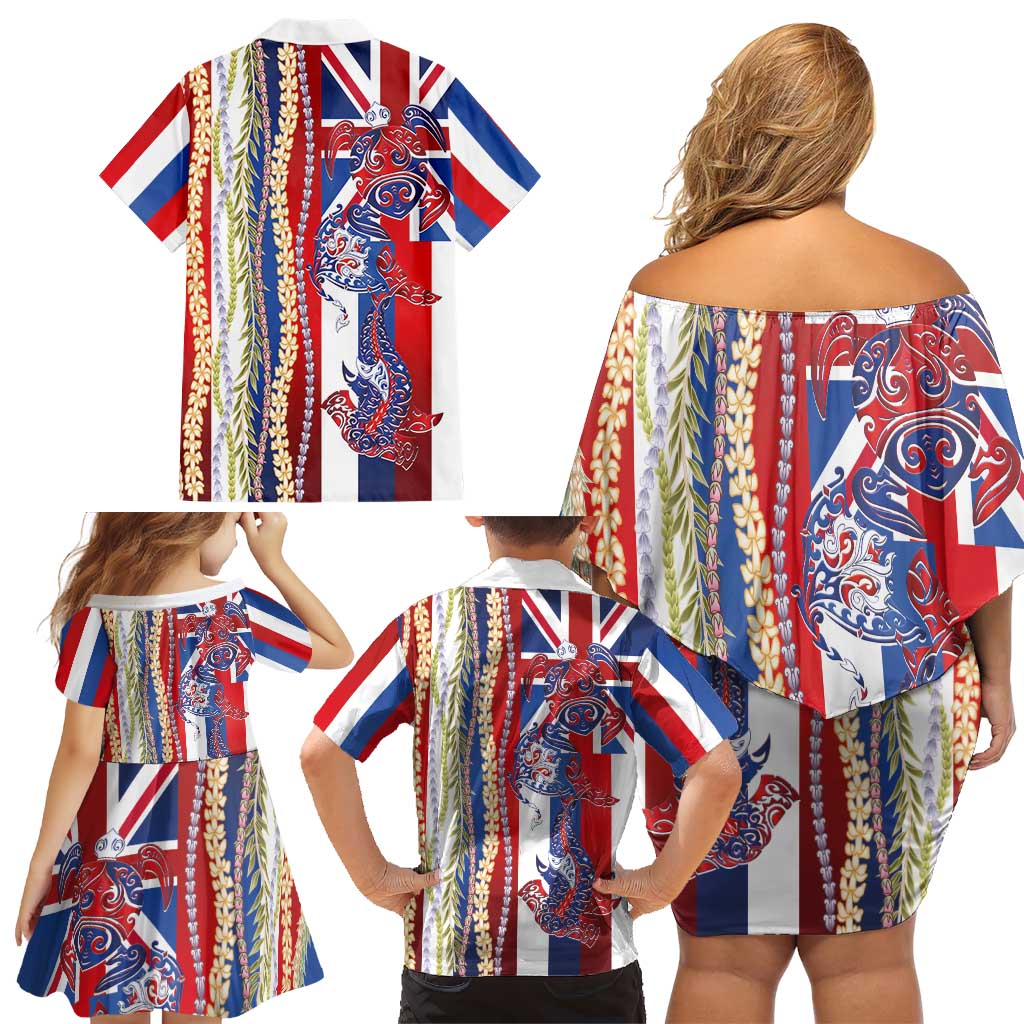 Hawaiian Sea Animals Family Matching Off Shoulder Short Dress and Hawaiian Shirt with Lei and Flag Style