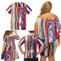 Hawaiian Sea Animals Family Matching Off Shoulder Short Dress and Hawaiian Shirt with Lei and Flag Style