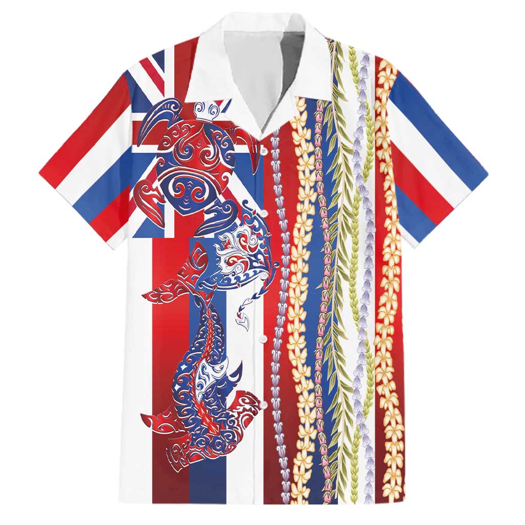Hawaiian Sea Animals Family Matching Off Shoulder Short Dress and Hawaiian Shirt with Lei and Flag Style