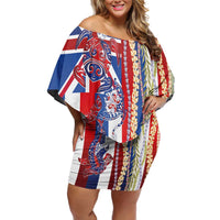 Hawaiian Sea Animals Family Matching Off Shoulder Short Dress and Hawaiian Shirt with Lei and Flag Style