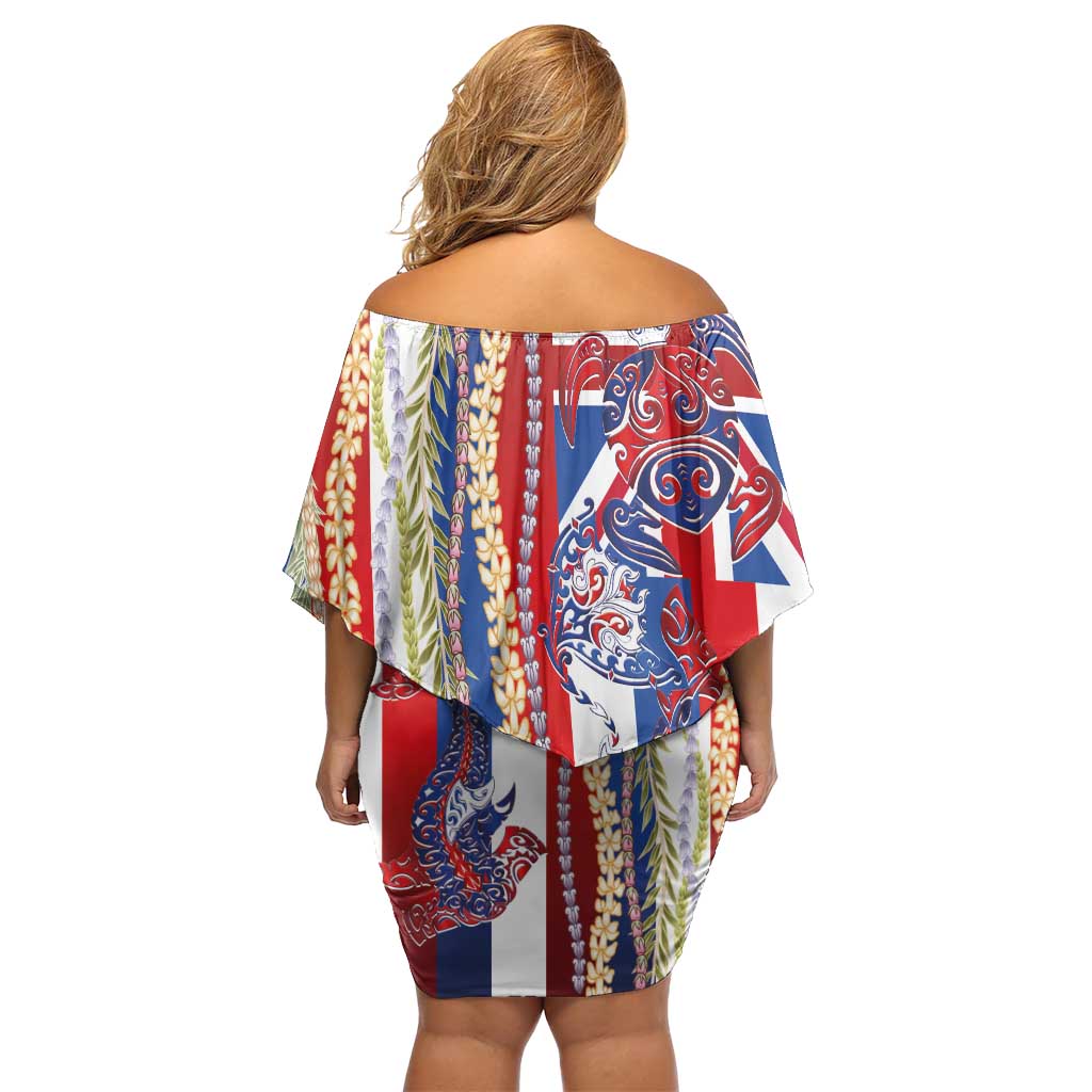 Hawaiian Sea Animals Family Matching Off Shoulder Short Dress and Hawaiian Shirt with Lei and Flag Style