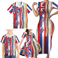 Hawaiian Sea Animals Family Matching Short Sleeve Bodycon Dress and Hawaiian Shirt with Lei and Flag Style