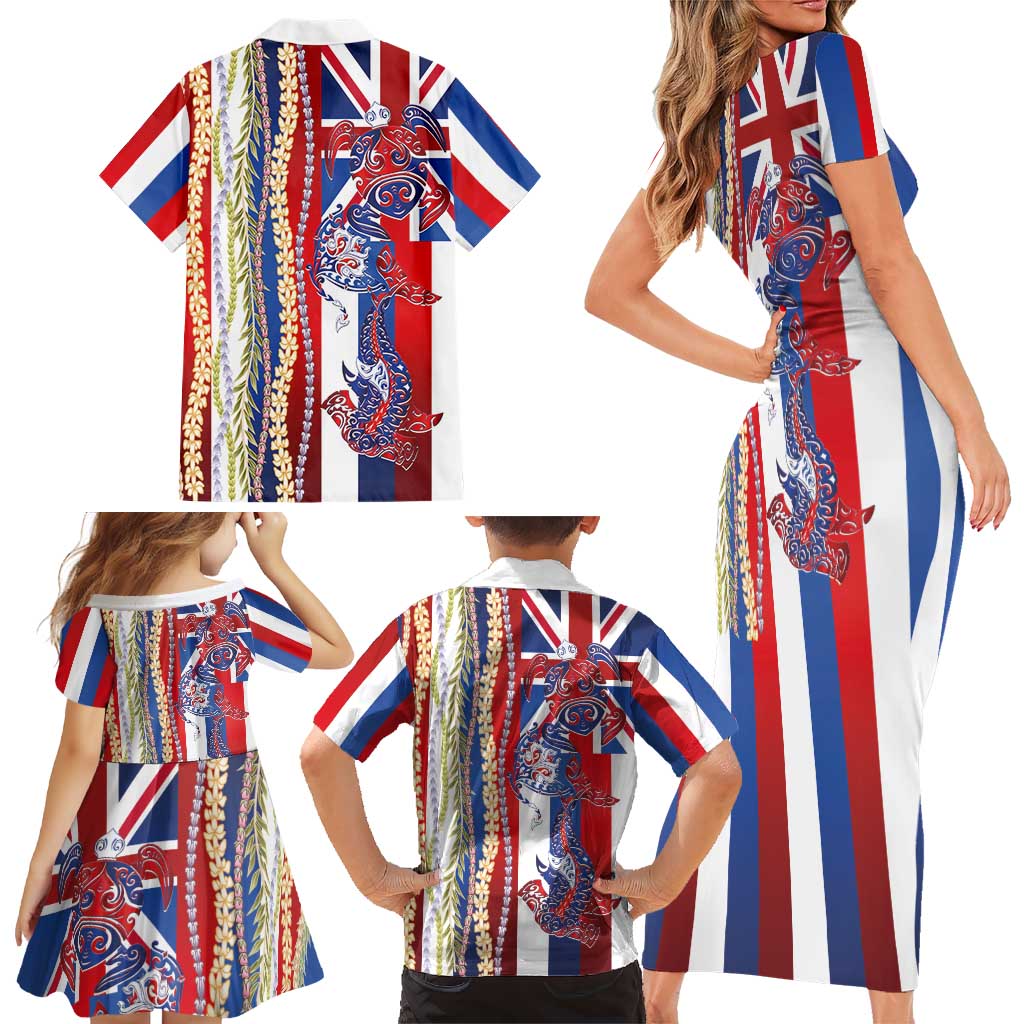 Hawaiian Sea Animals Family Matching Short Sleeve Bodycon Dress and Hawaiian Shirt with Lei and Flag Style