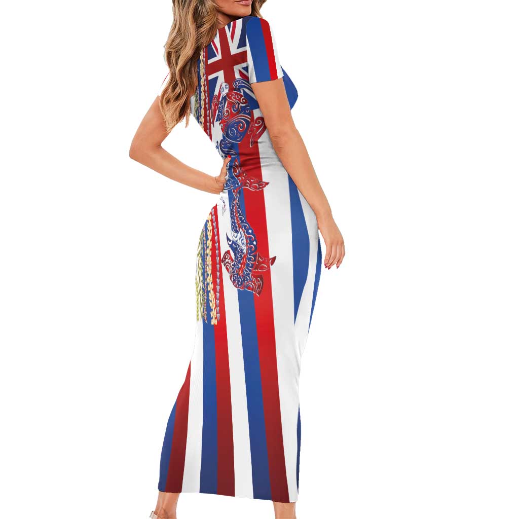 Hawaiian Sea Animals Family Matching Short Sleeve Bodycon Dress and Hawaiian Shirt with Lei and Flag Style