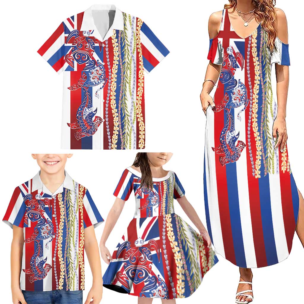 Hawaiian Sea Animals Family Matching Summer Maxi Dress and Hawaiian Shirt with Lei and Flag Style LT03 - Polynesian Pride