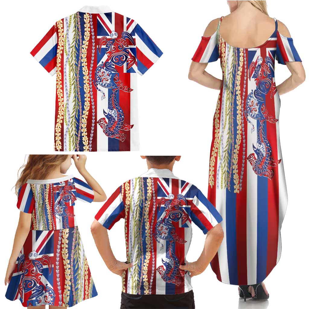 Hawaiian Sea Animals Family Matching Summer Maxi Dress and Hawaiian Shirt with Lei and Flag Style