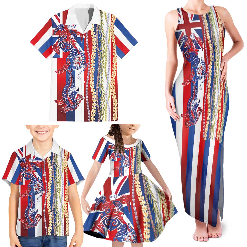 Hawaiian Sea Animals Family Matching Tank Maxi Dress and Hawaiian Shirt with Lei and Flag Style