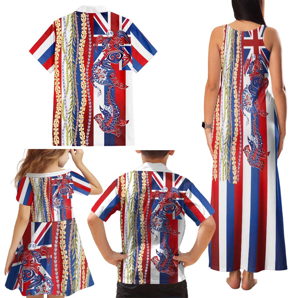 Hawaiian Sea Animals Family Matching Tank Maxi Dress and Hawaiian Shirt with Lei and Flag Style