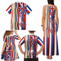 Hawaiian Sea Animals Family Matching Tank Maxi Dress and Hawaiian Shirt with Lei and Flag Style