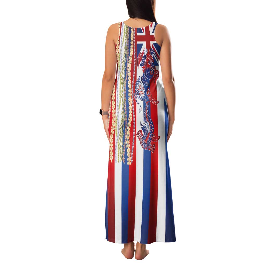 Hawaiian Sea Animals Family Matching Tank Maxi Dress and Hawaiian Shirt with Lei and Flag Style