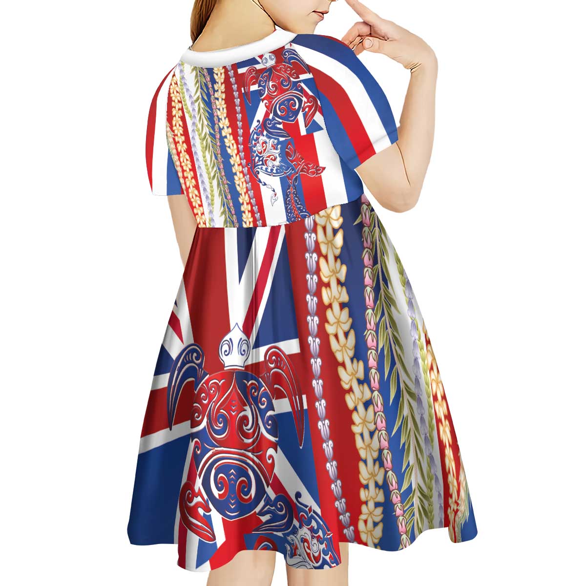 Hawaiian Sea Animals Kid Short Sleeve Dress with Lei and Flag Style LT03 - Polynesian Pride
