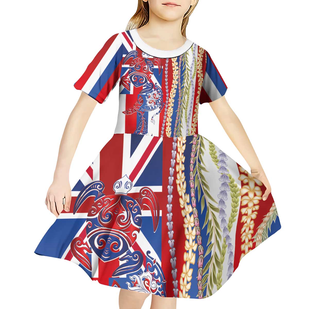 Hawaiian Sea Animals Kid Short Sleeve Dress with Lei and Flag Style LT03 - Polynesian Pride