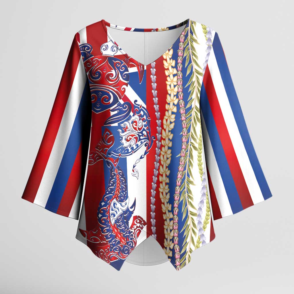 Hawaiian Sea Animals Kimono Sleeve Blouse with Lei and Flag Style LT03 Female Multicolor - Polynesian Pride