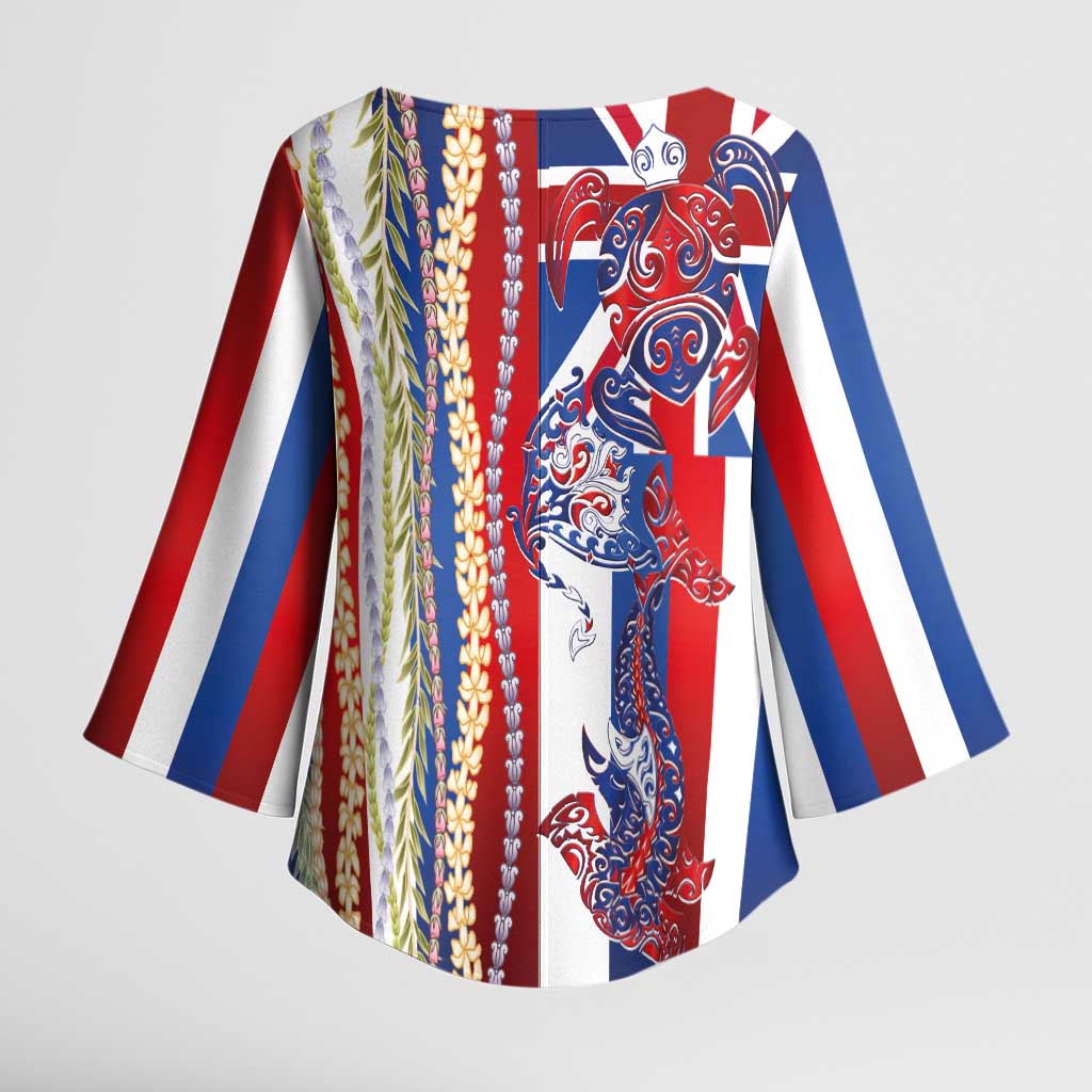Hawaiian Sea Animals Kimono Sleeve Blouse with Lei and Flag Style LT03 - Polynesian Pride