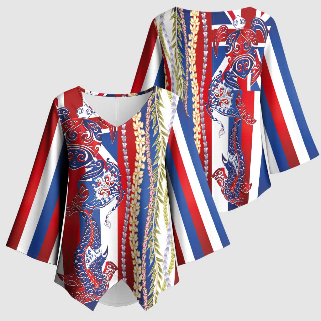 Hawaiian Sea Animals Kimono Sleeve Blouse with Lei and Flag Style LT03 - Polynesian Pride