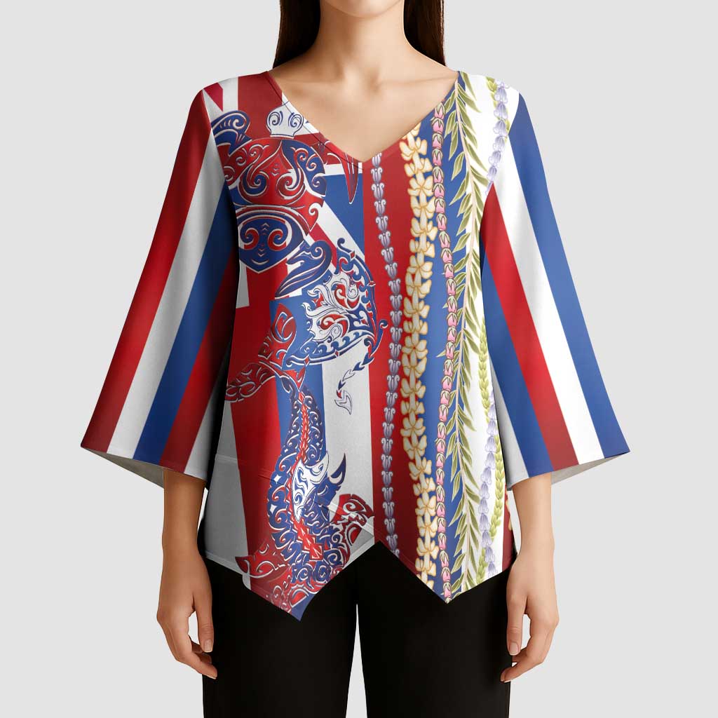 Hawaiian Sea Animals Kimono Sleeve Blouse with Lei and Flag Style LT03 - Polynesian Pride