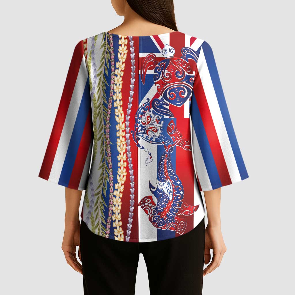 Hawaiian Sea Animals Kimono Sleeve Blouse with Lei and Flag Style LT03 - Polynesian Pride