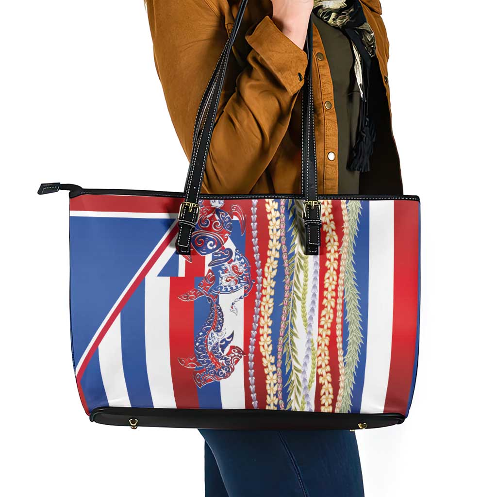 Hawaiian Sea Animals Leather Tote Bag with Lei and Flag Style LT03 - Polynesian Pride