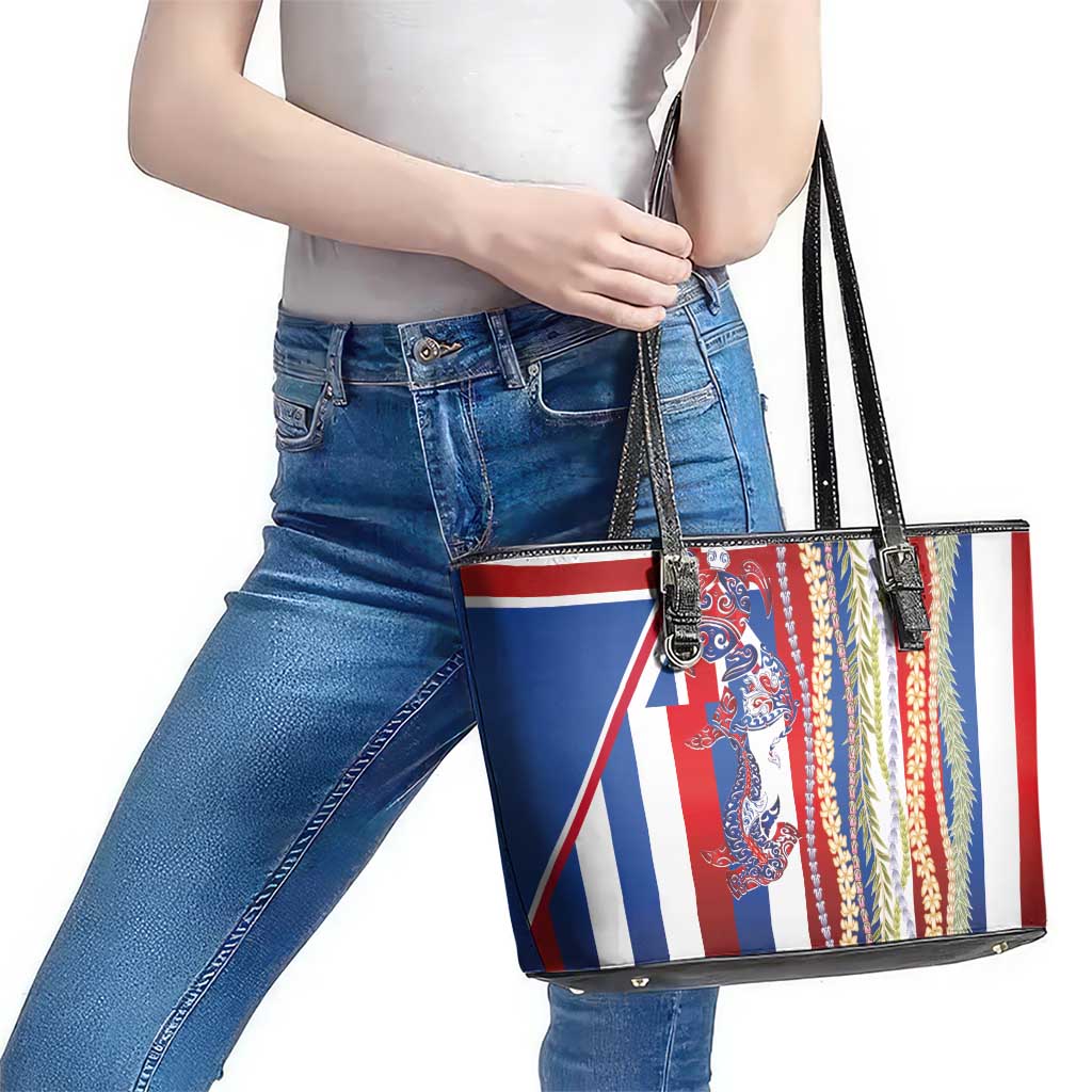 Hawaiian Sea Animals Leather Tote Bag with Lei and Flag Style LT03 - Polynesian Pride