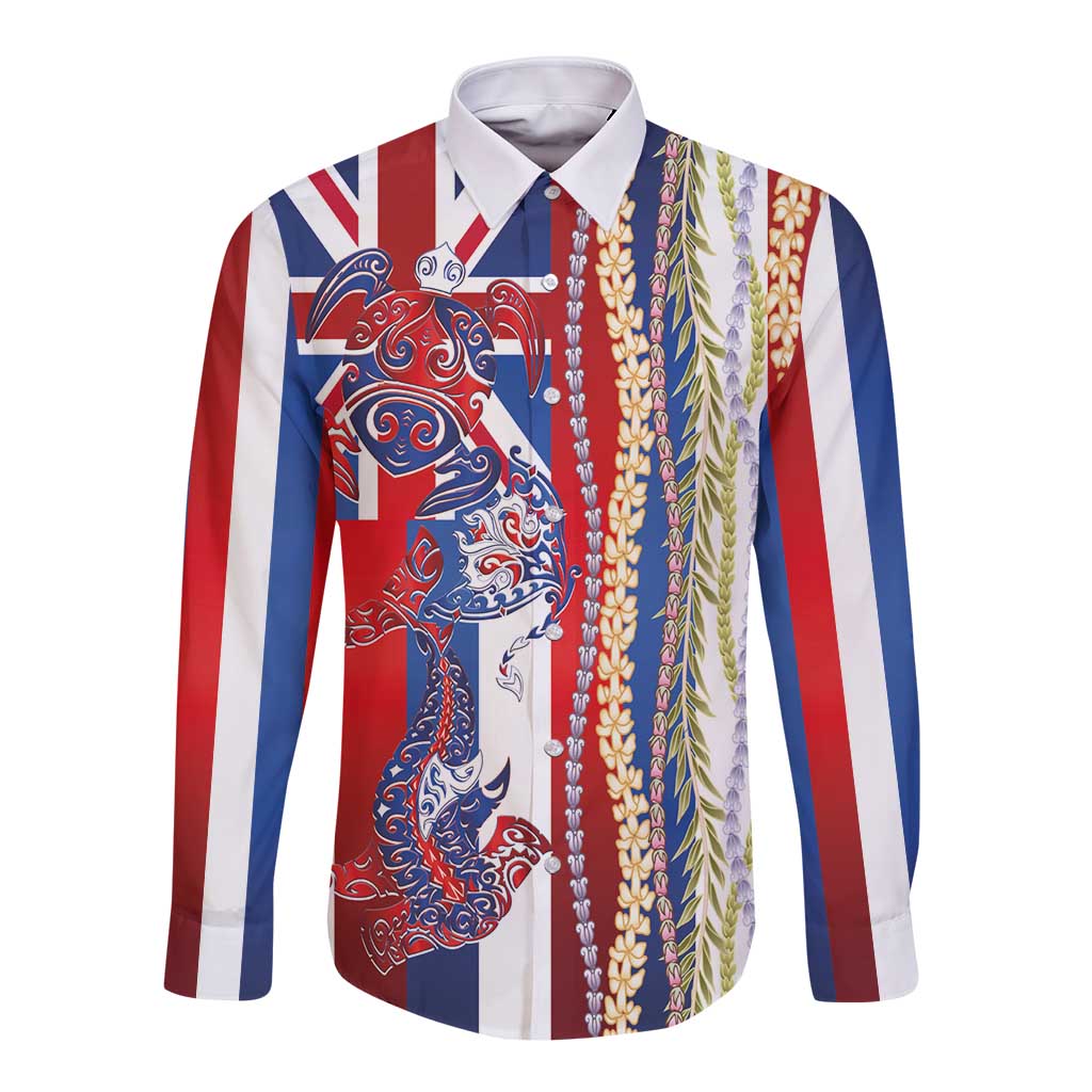 Hawaiian Sea Animals Long Sleeve Button Shirt with Lei and Flag Style LT03 Unisex Multicolor - Polynesian Pride