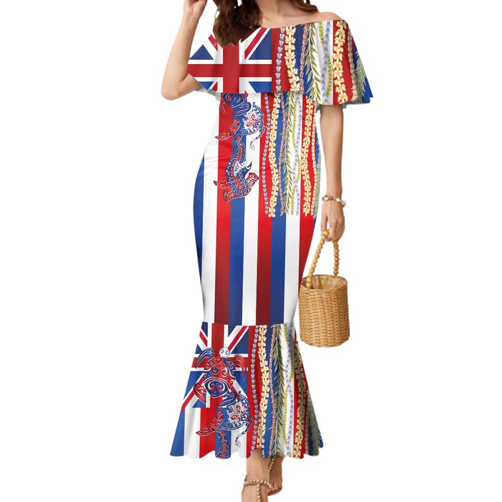 Hawaiian Sea Animals Mermaid Dress with Lei and Flag Style LT03 Women Multicolor - Polynesian Pride