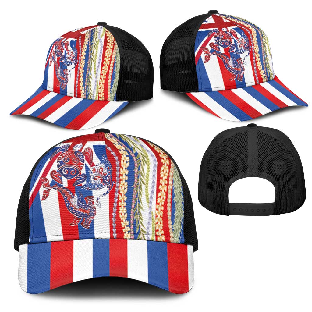 Hawaiian Sea Animals Mesh Trucker Cap with Lei and Flag Style LT03 - Polynesian Pride
