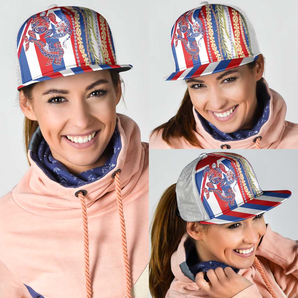Hawaiian Sea Animals Mesh Trucker Cap with Lei and Flag Style LT03 - Polynesian Pride
