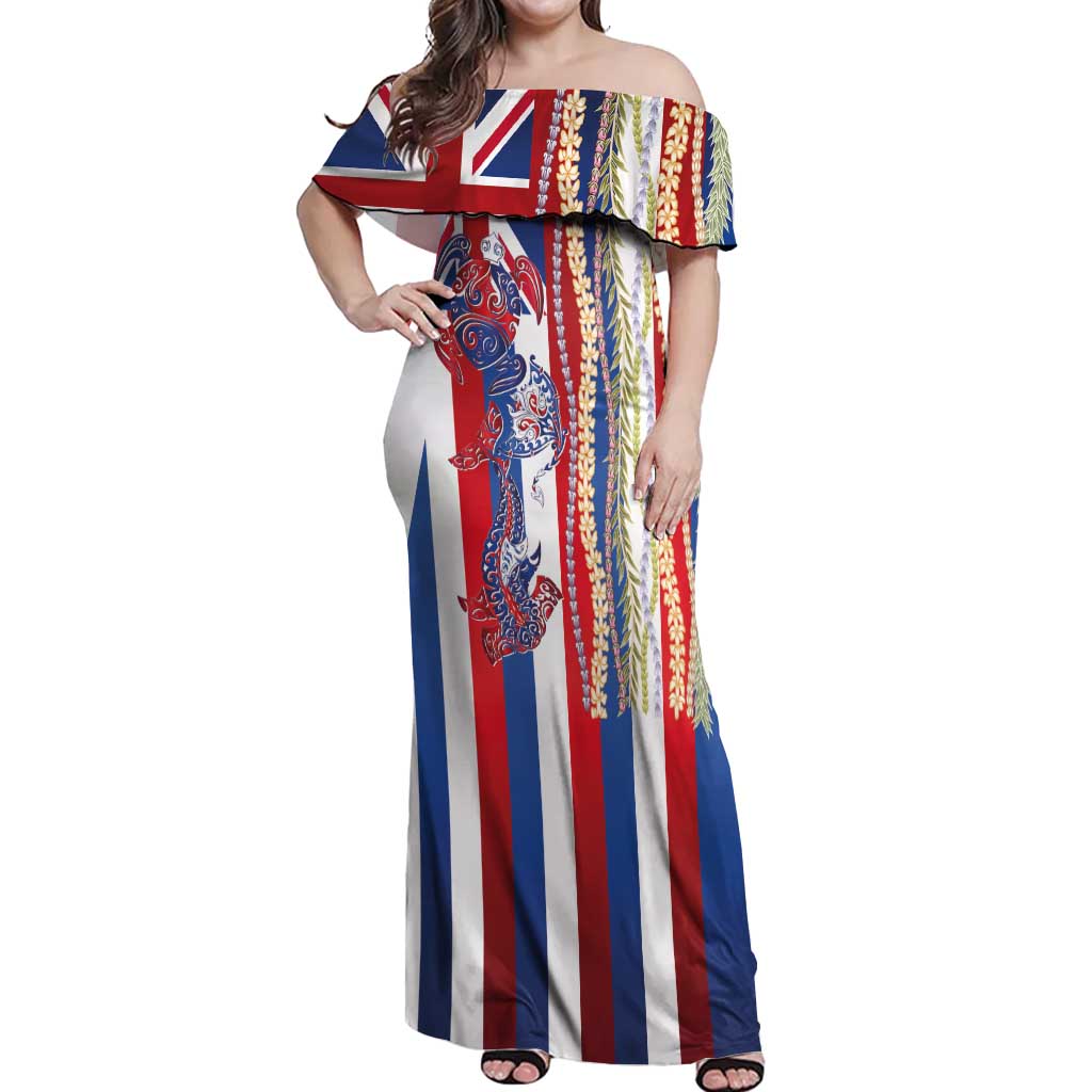 Hawaiian Sea Animals Off Shoulder Maxi Dress with Lei and Flag Style LT03 Women Multicolor - Polynesian Pride