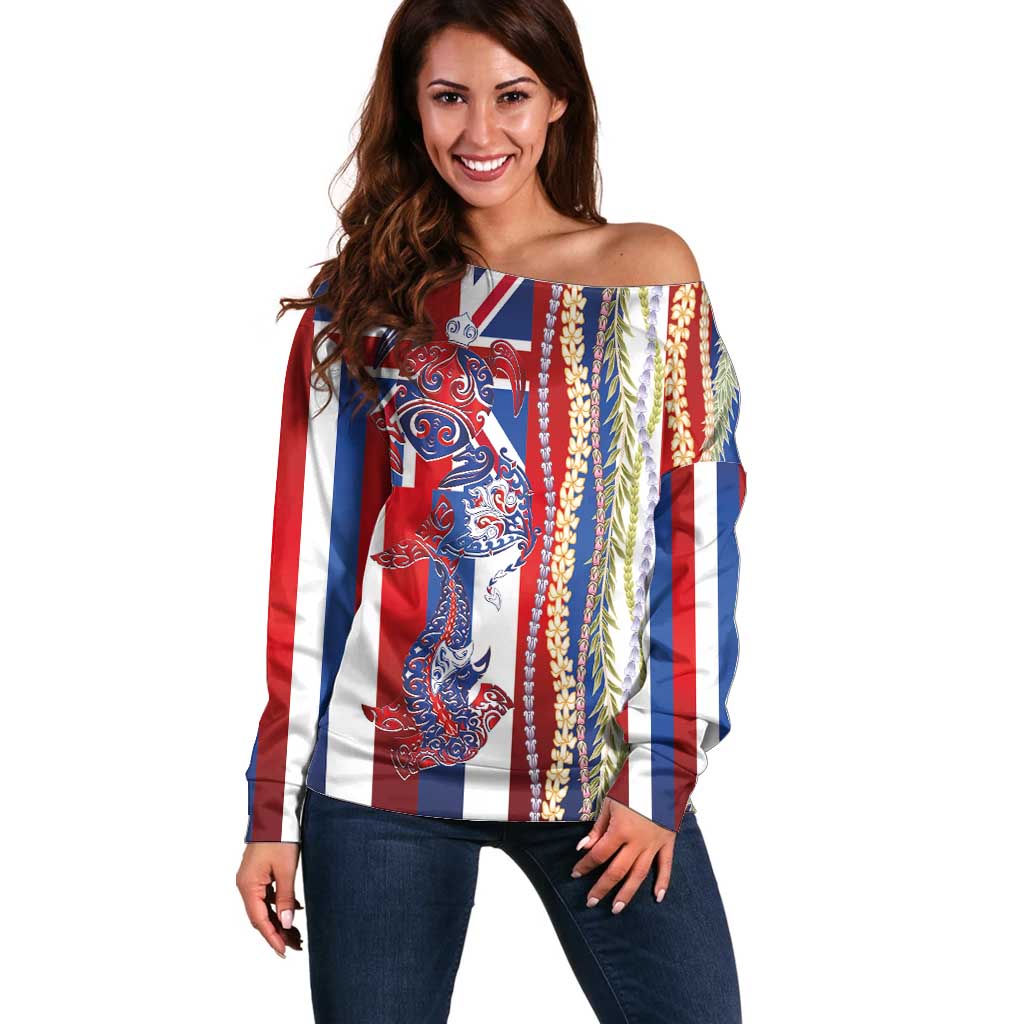 Hawaiian Sea Animals Off Shoulder Sweater with Lei and Flag Style LT03 Women Multicolor - Polynesian Pride