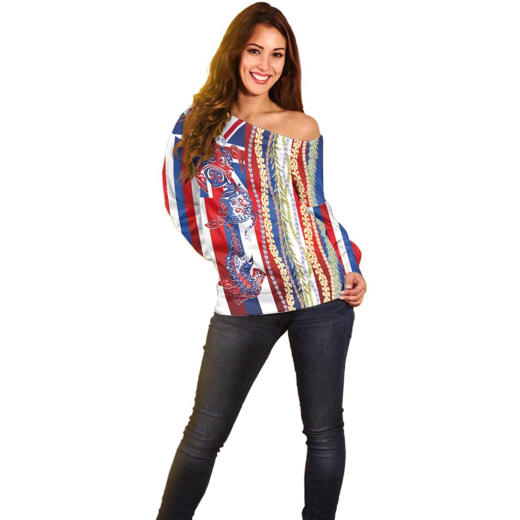 Hawaiian Sea Animals Off Shoulder Sweater with Lei and Flag Style LT03 - Polynesian Pride