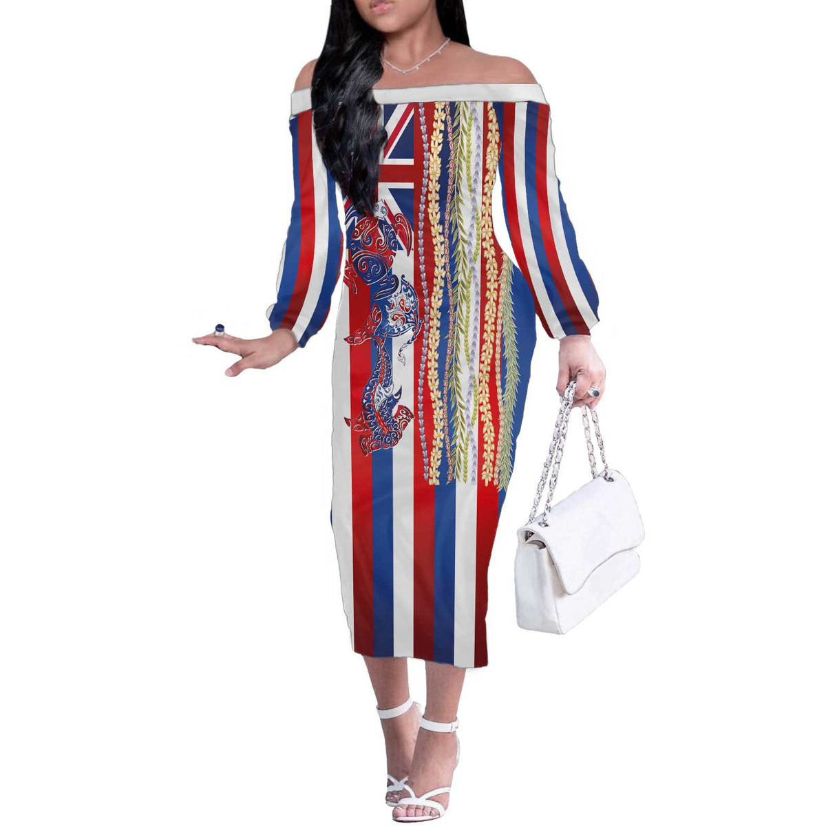 Hawaiian Sea Animals Off The Shoulder Long Sleeve Dress with Lei and Flag Style LT03 Women Multicolor - Polynesian Pride