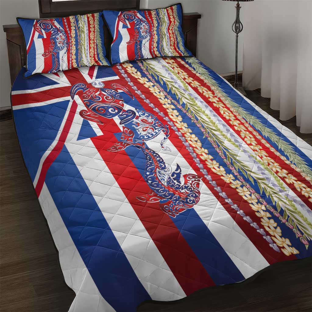 Hawaiian Sea Animals Quilt Bed Set with Lei and Flag Style LT03 Multicolor - Polynesian Pride