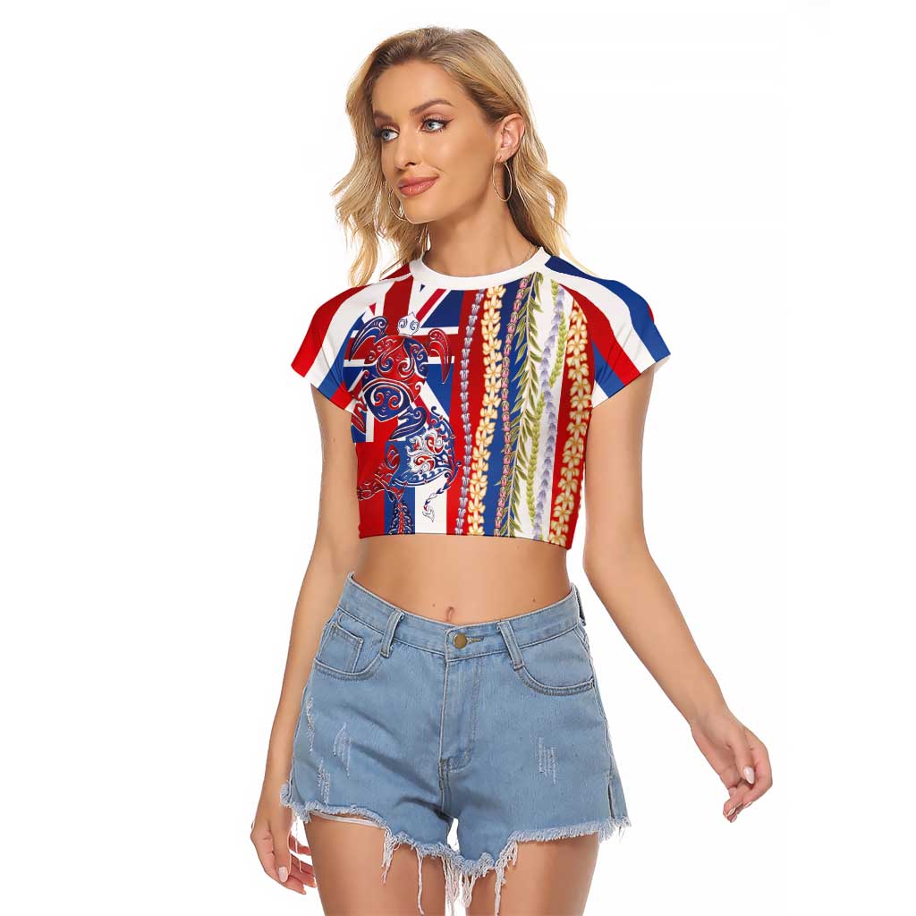 Hawaiian Sea Animals Raglan Cropped T Shirt with Lei and Flag Style