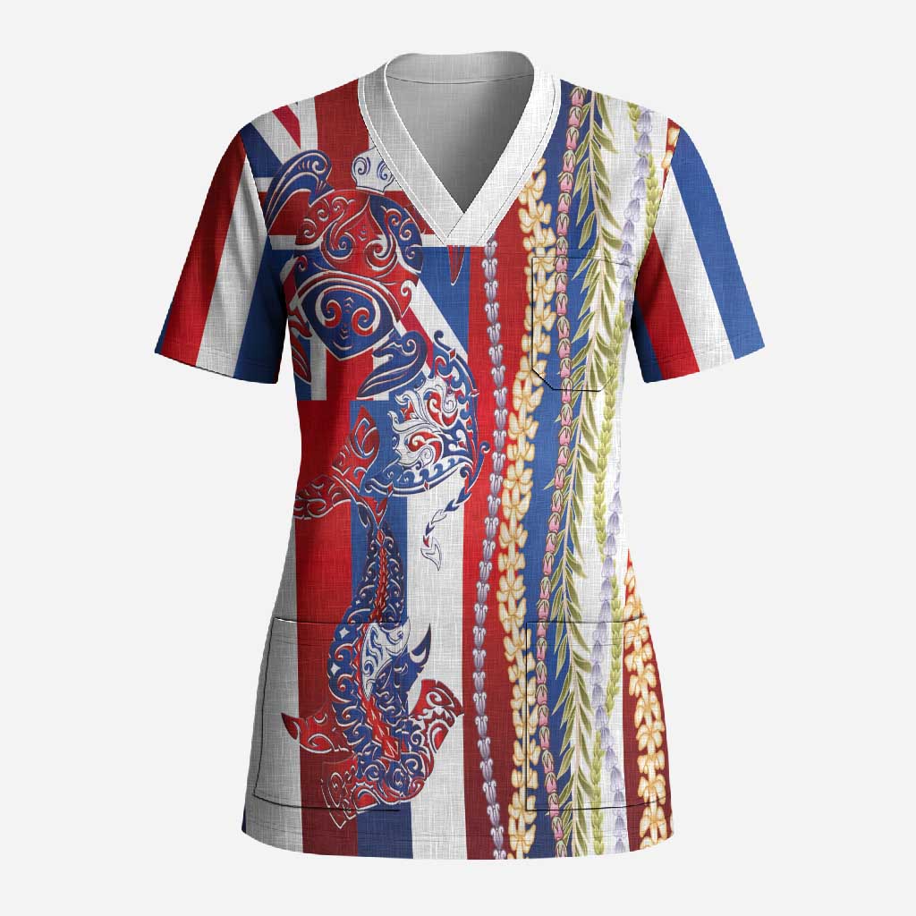 Hawaiian Sea Animals Scrub Top with Lei and Flag Style LT03 Adult Multicolor - Polynesian Pride