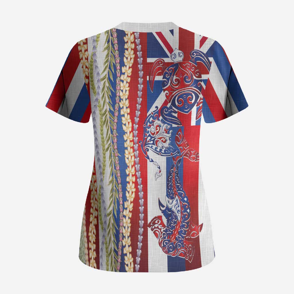 Hawaiian Sea Animals Scrub Top with Lei and Flag Style LT03 - Polynesian Pride