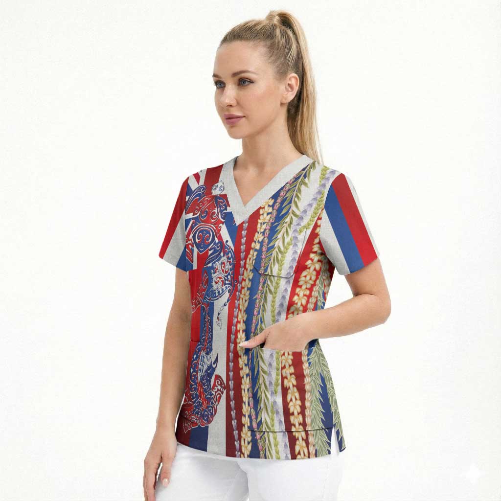 Hawaiian Sea Animals Scrub Top with Lei and Flag Style LT03 - Polynesian Pride