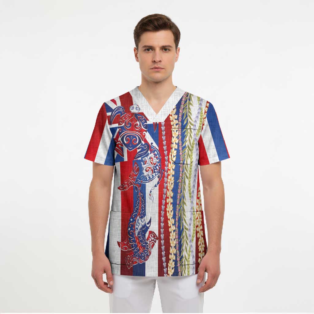 Hawaiian Sea Animals Scrub Top with Lei and Flag Style LT03 - Polynesian Pride