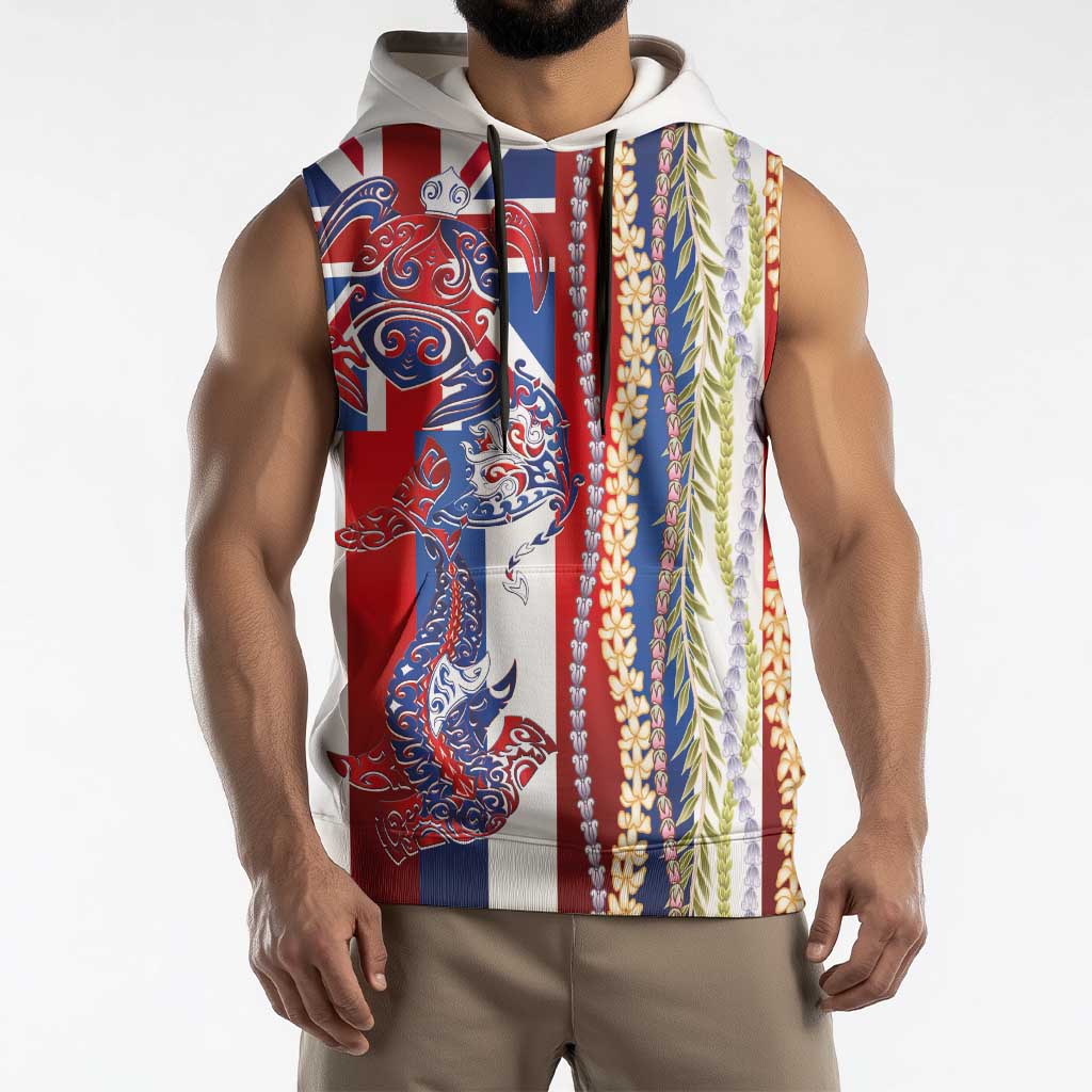 Hawaiian Sea Animals Sleeveless Hoodie with Lei and Flag Style