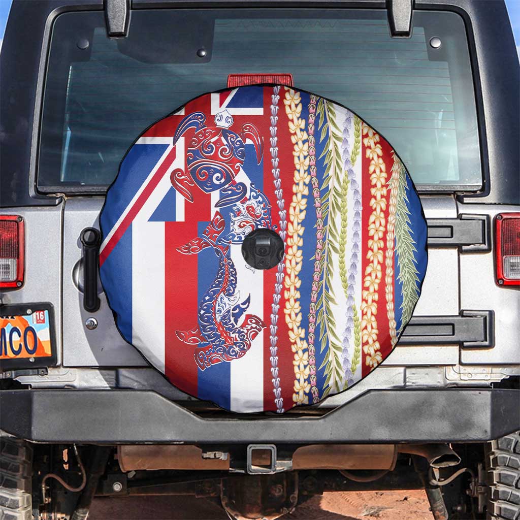 Hawaiian Sea Animals Spare Tire Cover with Lei and Flag Style LT03 Multicolor - Polynesian Pride