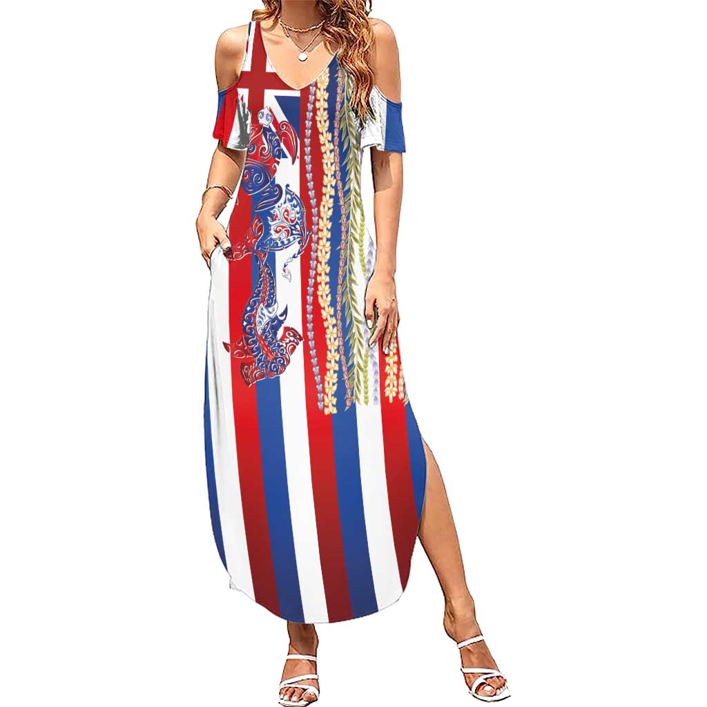 Hawaiian Sea Animals Summer Maxi Dress with Lei and Flag Style LT03 Women Multicolor - Polynesian Pride